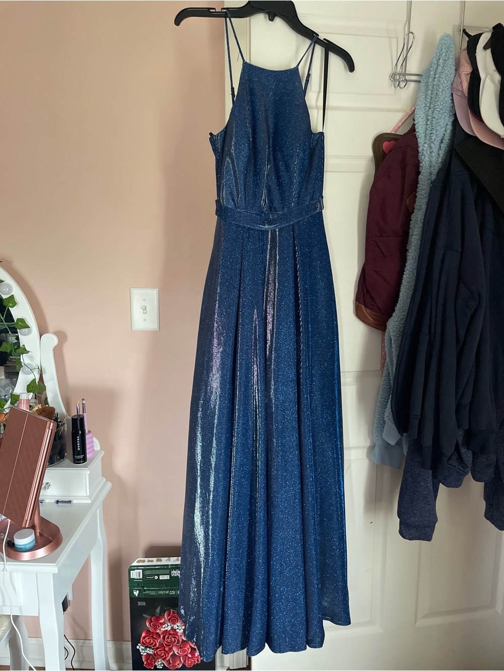 Sparkly Navy Blue Prom Gown with Spaghetti Straps